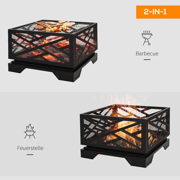 Outsunny Feuerschale mit Funkenschutz, mit Grillrost, Schürhaken, 2-in-1 BBQ Grill, für Garten, Balkon, 66 x 66 x 66 cm, Metall, Schwarz