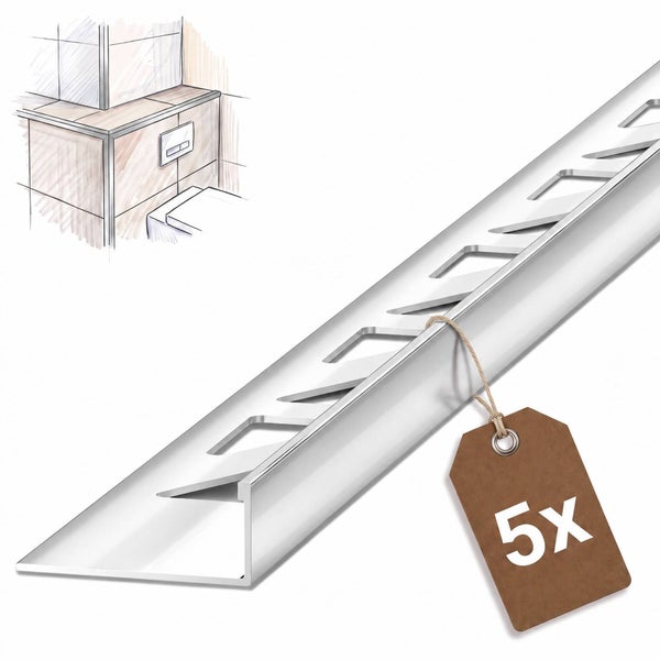 Fünf Stück Fliesenprofil als Abschlussprofil für Wandfliesen aus Metall mit einer Skizze zur Anwendung im Badezimmer.