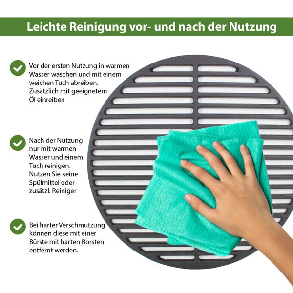 Reinigungshinweise für einen runden Grillrost aus Gusseisen mit Tipps zum Waschen und Einölen sowie Verwendung eines Tuchs für die Pflege.
