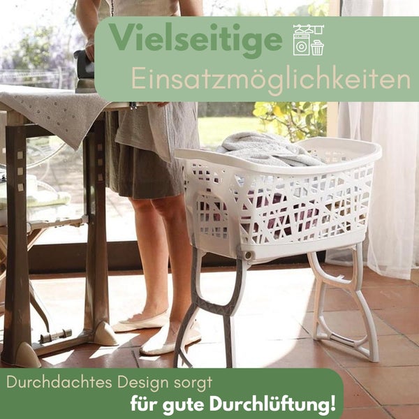 Wäschekorb auf Beinen neben Bügeltisch mit Bügeleisen