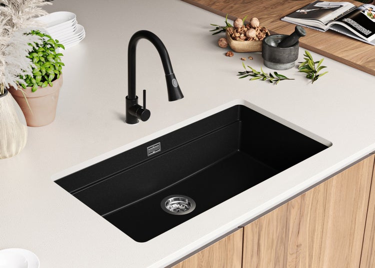 PRIMAGRAN Unterbauspüle Granit Schwarz 86x47cm, Spülbecken 1 Becken + Ablauf-Set + Aufrollbare Abtropffläche, Granitspüle ab 90er Unterschrank - Praga