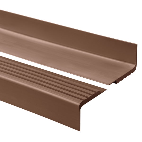 Braunes Winkelprofil für Terrassendielen aus Holz-Kunststoff-Verbundwerkstoff, L-Form, einseitig geriffelt, Kantenabdeckung für den Außenbereich.