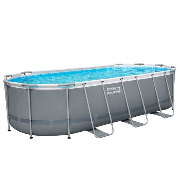 Bestway Steel Pro Max Pool, ovaler Aufstellpool mit grauem Stahlrahmen und blauem Wasser.