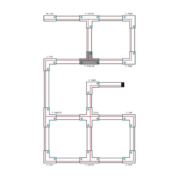 Schematische Darstellung eines modularen Stecksystems mit Verbindern wie L-Stuecken und T-Stuecken fuer den Aufbau von Rahmenkonstruktionen.