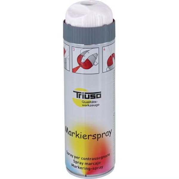 Triuso Markierspray in der Sprühdose mit Sicherheitskappe und Anwendungsabbildungen.