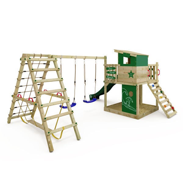WICKEY Spielturm Klettergerüst Smart Surf mit Schaukel und Rutsche, Kletterturm mit Sandkasten, Leiter und Spiel-Zubehör – grün