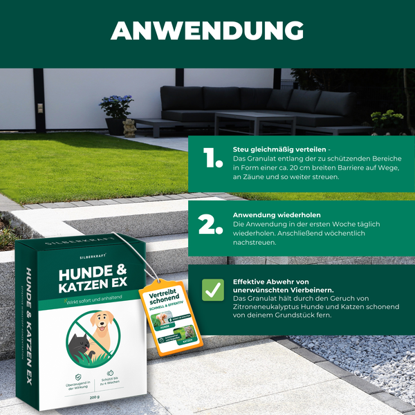 Silberkraft Hunde und Katzen EX Granulat 200g, Hund & Katze von deinem Grundstück fernhalten, Hundeabwehr & Katzenvertreiber, Alternative zu Sprays, Gittern oder Ultraschallgeräten