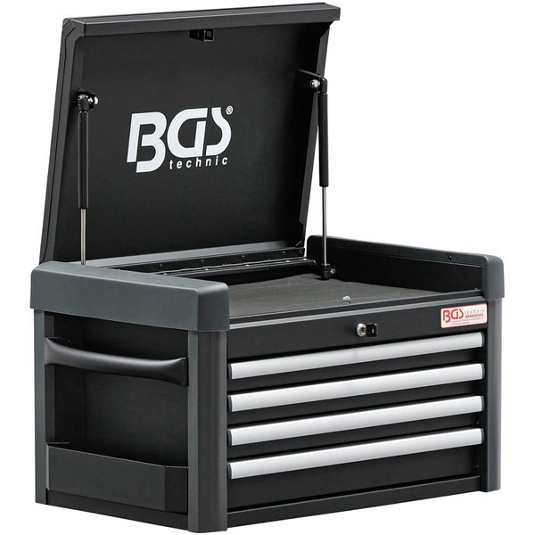 BGS technic Werkzeugkiste in Schwarz mit vier Schubladen, geöffnetem Deckel mit Gasdruckfedern, Schloss und BGS technic Logo.