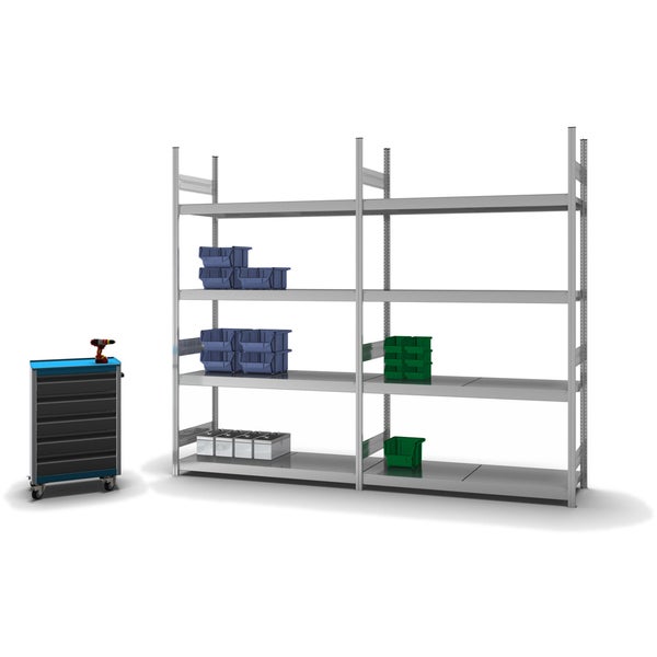 PROREGAL Weitspannregal Stecksystem T-Profil Grundregal HxBxT 250x150x50 cm 4 Ebenen Stahlplatten Fachboden Fachlast 350 kg Verzinkt