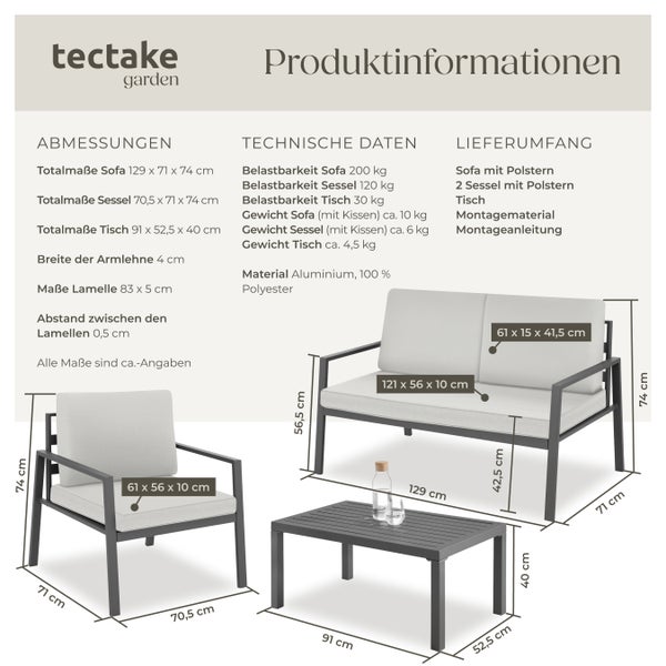 Sitzgruppe tectake Göteborg Tisch mit Lamellenmuster mit Aluminiumgestell, für 4 Personen hellgrau