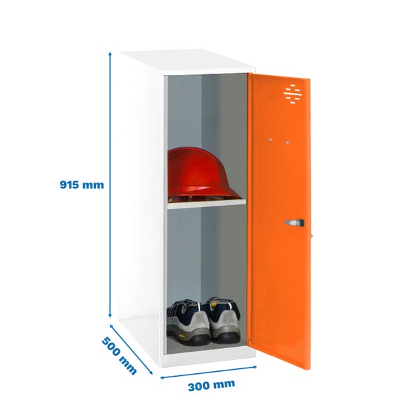 Metall-Garderobenschrank mit einer Tür und Innenregal. Abmessungen: 915 mm x 500 mm x 300 mm.