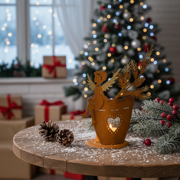 Teelichthalter aus Metall mit Edelrost-Finish, Engelsfigur und Herzausschnitt auf festlich dekoriertem Holztisch vor einem Weihnachtsbaum.