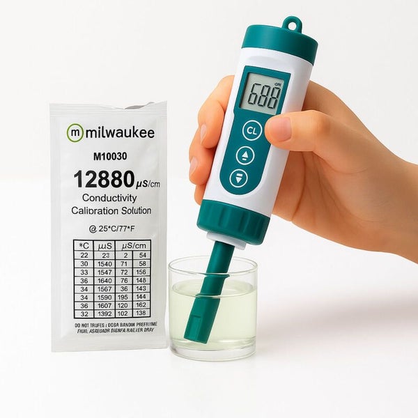 Milwaukee Logo, Leitfähigkeitsmessgerät in Flüssigkeit mit Kalibrierlösung
