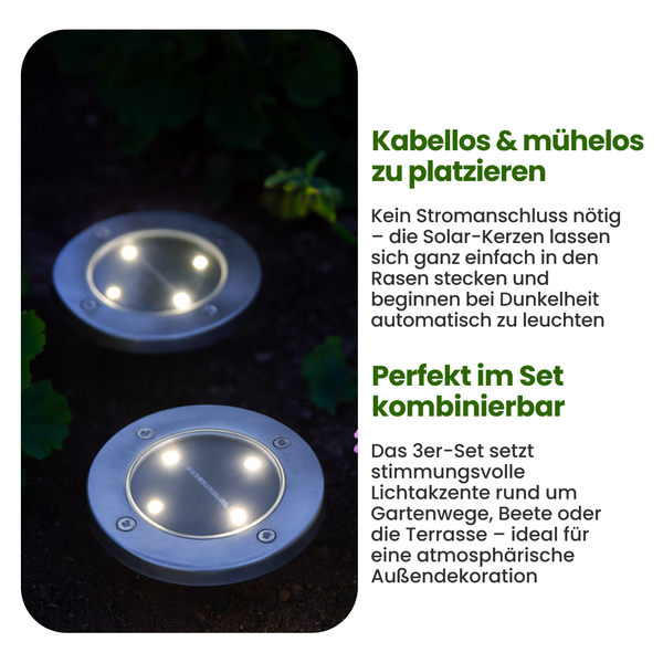 Zwei runde Solarleuchten im Garten.