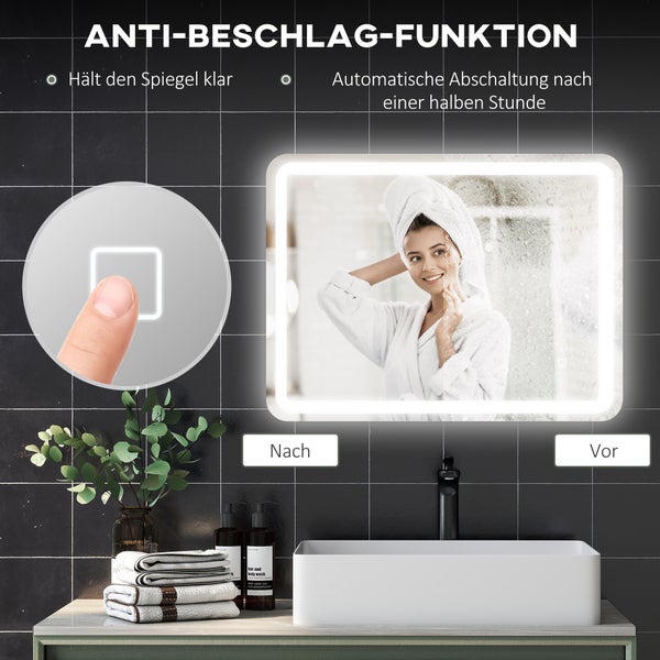 LED-Badspiegel mit Anti-Beschlag-Funktion, Touch-Sensor und automatischer Abschaltung nach dreißig Minuten, zeigt Vorher-Nachher-Vergleich.