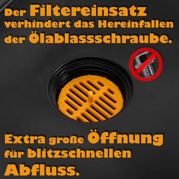Filtereinsatz für Ölablasswanne mit Symbol, das ein Herunterfallen der Schraube verhindert