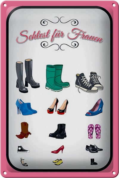 Blechschild Spruch 20x30cm Schuhe Arten Sehtest für Frauen