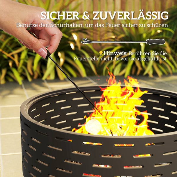 Outsunny 3-in-1 Feuerschale Ø60 x 39cm aus Edelstahl Feuerstelle mit Grillrost Schürhaken Funkenschutz in Holzoptik Feuerschalen Feuerkorb für Garten, Balkon Terrasse, Outdoor BBQ Camping Kohlegrau