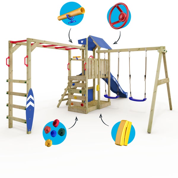 WICKEY Spielturm Klettergerüst Smart Baboon mit Schaukel und Rutsche, Kletterturm mit Sandkasten, Hangelleiter und Spiel-Zubehör - blau