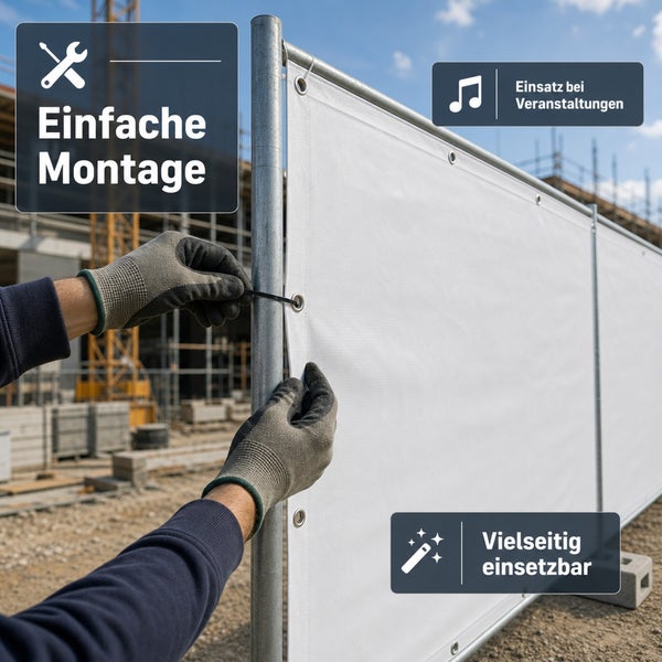 Eine Person befestigt eine weiße Bauzaunplane mit Kabelbindern an einem Bauzaun, mit Hinweisen zur einfachen Montage und Vielseitigkeit.