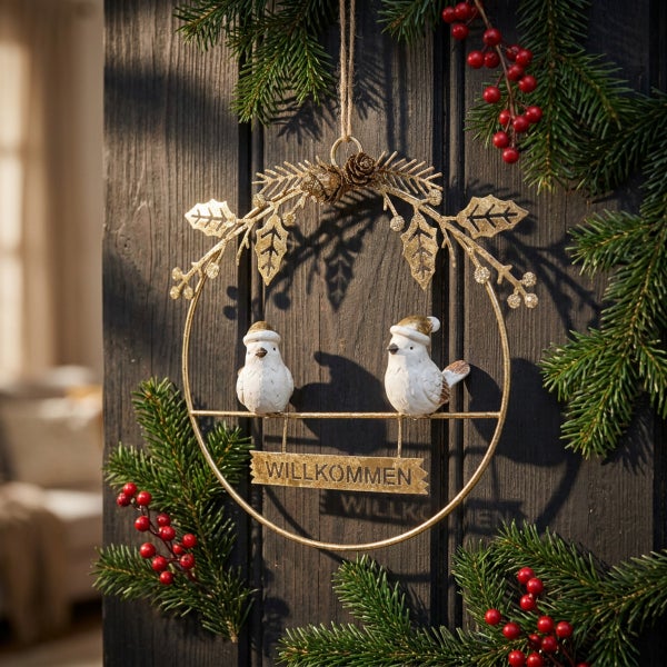 Dekorativer Weihnachtshänger aus Metall in Ringform mit zwei Vögeln und Willkommensschriftzug zur Wand oder Türdekoration