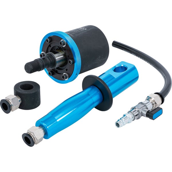 Hydraulisches Silentlager-Werkzeugset zum Aus- und Einbau, bestehend aus Zylinder, blauem Griff und Schlauch.