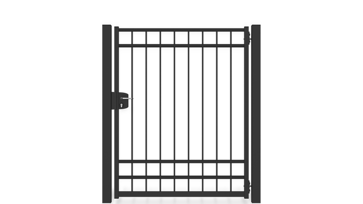 Gartentor ZAUNGURU BASIC-Linie Oldenburg aus Metall, Höhe: 163cm, Breite: 150cm, 1-flügelig inkl. Pfosten, Schloss und Zubehör, Feuerverzinkt und zusätzlich in RAL 7016 Anthrazitgrau pulverbeschichtet