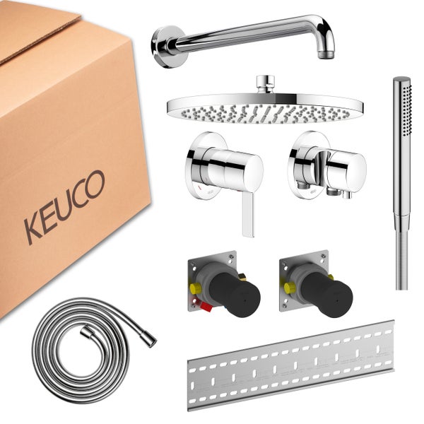 Keuco Unterputz-Duschsystem Set mit Regenbrause, Handbrause, Brauseschlauch, Armaturen und Einbaukörpern neben einem Karton mit Keuco Logo.