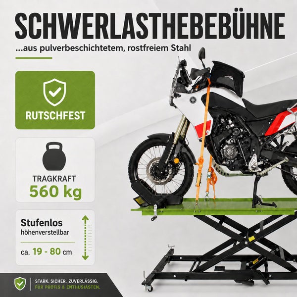 Motorradhebebühne aus pulverbeschichtetem Edelstahl, Tragkraft 560 Kilogramm, stufenlos höhenverstellbar von circa 19 bis 80 Zentimeter, rutschfest.