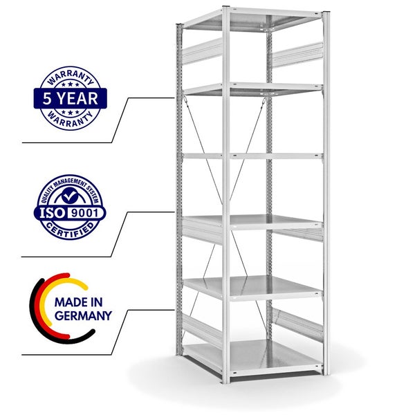PROREGAL Fachbodenregal Stecksystem T-Profil Medium-Duty Grundregal HxBxT 250 x 75 x 80 cm 6 Ebenen Fachlast 230 kg Einseitig Nutzbar Lichtgrau