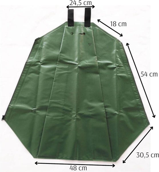 Grüner Baumbewässerungssack mit Maßen: oben 24,5 Zentimeter, Schulter 18 Zentimeter, Seite 54 Zentimeter und unten 48 Zentimeter Breite.