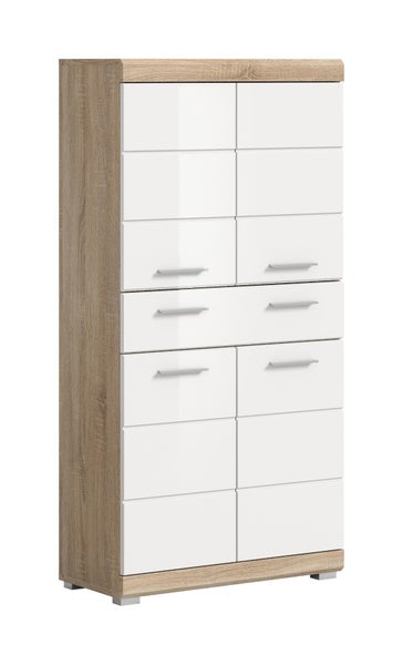 Highboard in Holzoptik mit weißer Hochglanzfront und silberfarbenen Griffen.