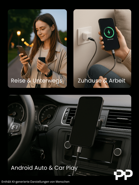 Anwendungsbeispiele für ein USB-Ladekabel: unterwegs mit einer Powerbank, zu Hause an einer Steckdose und im Auto mit Android Auto oder Apple CarPlay.