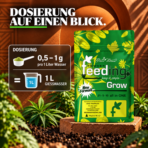 Green House Powder Feeding Grow Pflanzendünger in Beutelverpackung mit Dosieranleitung von null komma fünf bis ein Gramm pro Liter Gießwasser.