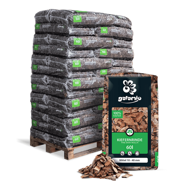 Galamio Kiefernrinde 60 Liter, Körnung 10 bis 40 Millimeter, Palette mit Säcken und Einzelverpackung mit Galamio Logo.
