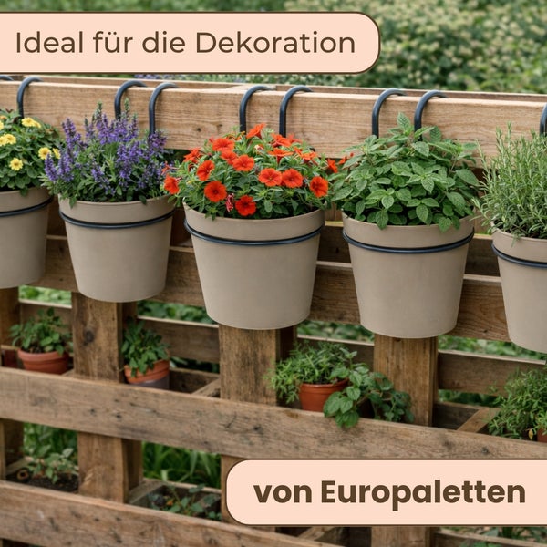Dekorative Pflanzgefäße mit Blumen und Kräutern hängen an einer Europalette.
