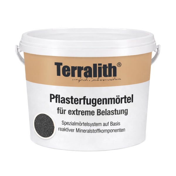 Terralith Pflasterfugenmörtel für extreme Belastung im weißen Eimer mit Materialansicht.