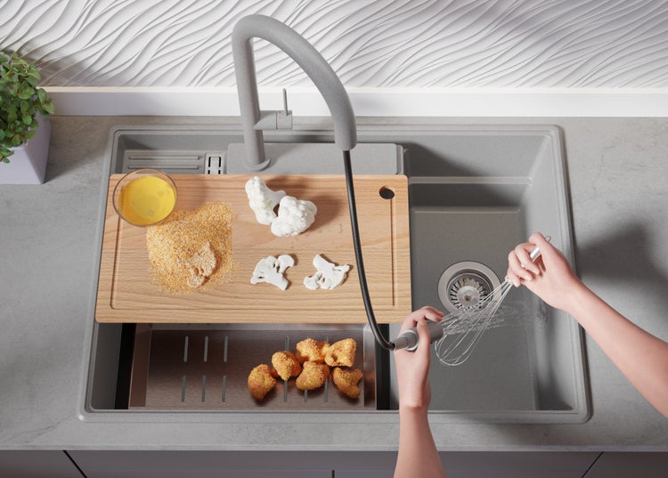 PRIMAGRAN Spülbecken Grau 78x53cm, Granitspüle 2 Becken + Ablauf-Set + Küchenzubehörset, Küchenspüle ab 80er Unterschrank - Paris