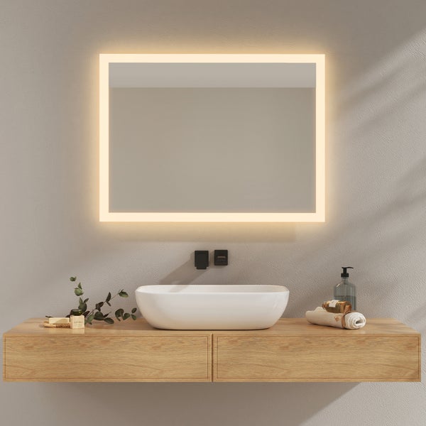 EMKE Badspiegel mit Beleuchtung,  LED-Spiegel mit Wandschalter, 80 x 60cm, Warmweiß