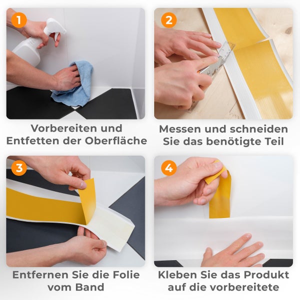 Anleitung in vier Schritten zur Montage eines selbstklebenden Fugenabdichtungsbandes fuer Fliesen und Badewannen