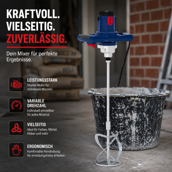 Elektrisches Rührwerk für Farben und Mörtel mit verstellbarer Geschwindigkeit und ergonomischem Griff neben einem Mischeimer. Güde Logo.