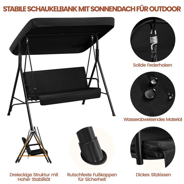 Stabile Schaukelbank mit Sonnendach: Federhaken, wasserabweisender Stoff, stabile Konstruktion, rutschfeste Fußkappen und dickes Sitzkissen.