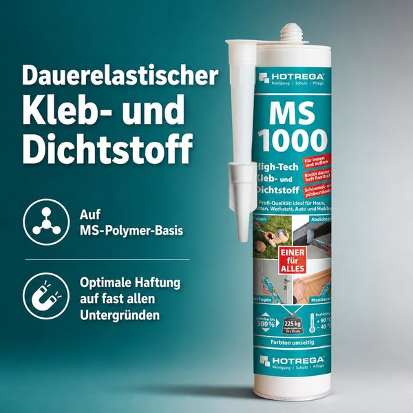 Dauerelastischer Hotrega MS 1000 Kleb- und Dichtstoff auf Polymerbasis in einer Kartusche mit Aufsatz für vielseitige Anwendungen.