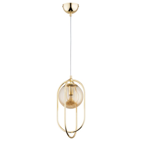 Moderne Pendelleuchte mit Metallkorbgestell und Glaskugel für die Deckenmontage