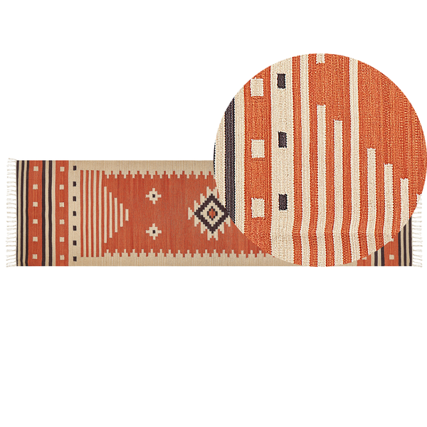 Kelim Teppich Baumwolle orange 80 x 300 cm geometrisches Muster Kurzflor GAVAR