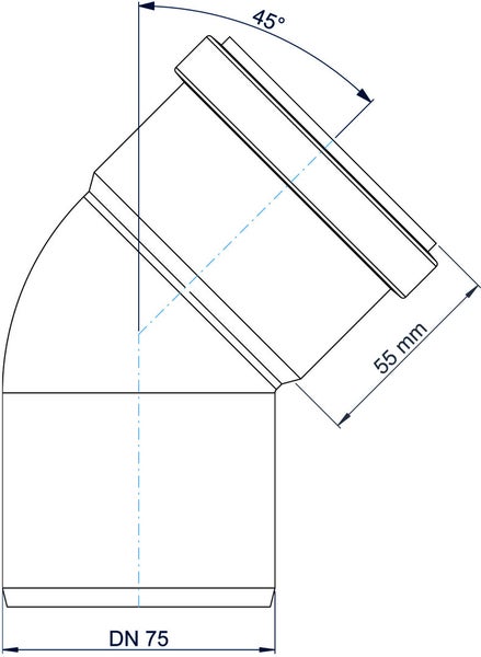 Technische Zeichnung eines Rohr-Bogens mit Nennweite 75, einem Winkel von 45 Grad und einer Länge von 55 Millimetern.