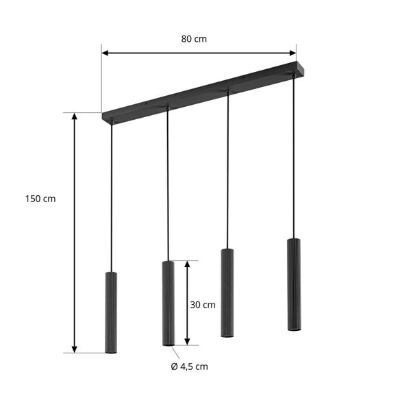 Vierflammige Pendelleuchte mit gerillten zylinderformigen Strahlern, Breite 80 Zentimeter, maximale Abhangehohe 150 Zentimeter.