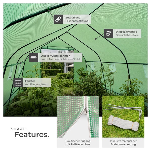 Folientunnel Gewächshaus mit stabiler Stahlrahmenkonstruktion, UV-beständiger Gitterfolie, Insektenschutzfenstern, Reißverschlusstür und Heringen.