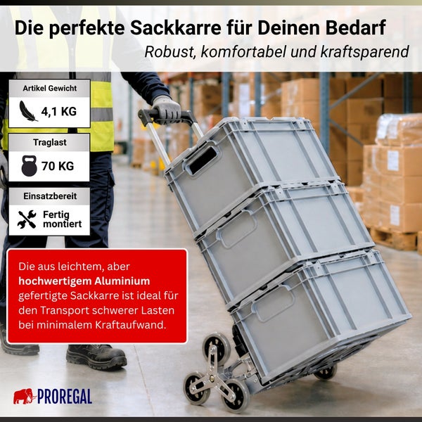 PROREGAL Treppensteiger-Sackkarre aus Aluminium im Lager, Traglast 70 Kilogramm, Eigengewicht 4,1 Kilogramm, fertig montiert, PROREGAL Logo.