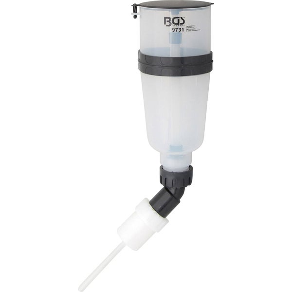 BGS technic 9731 Kühlsystem-Befülltrichter aus transparentem Kunststoff mit Winkeladapter und schwarzem Deckel.